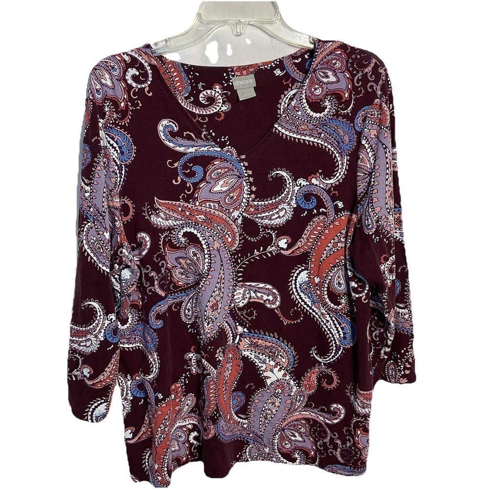Chicos 2 Large 12-14 Burgundy Floral Paisley Artsy V-neck 3/4 Sleeve Blouse Top